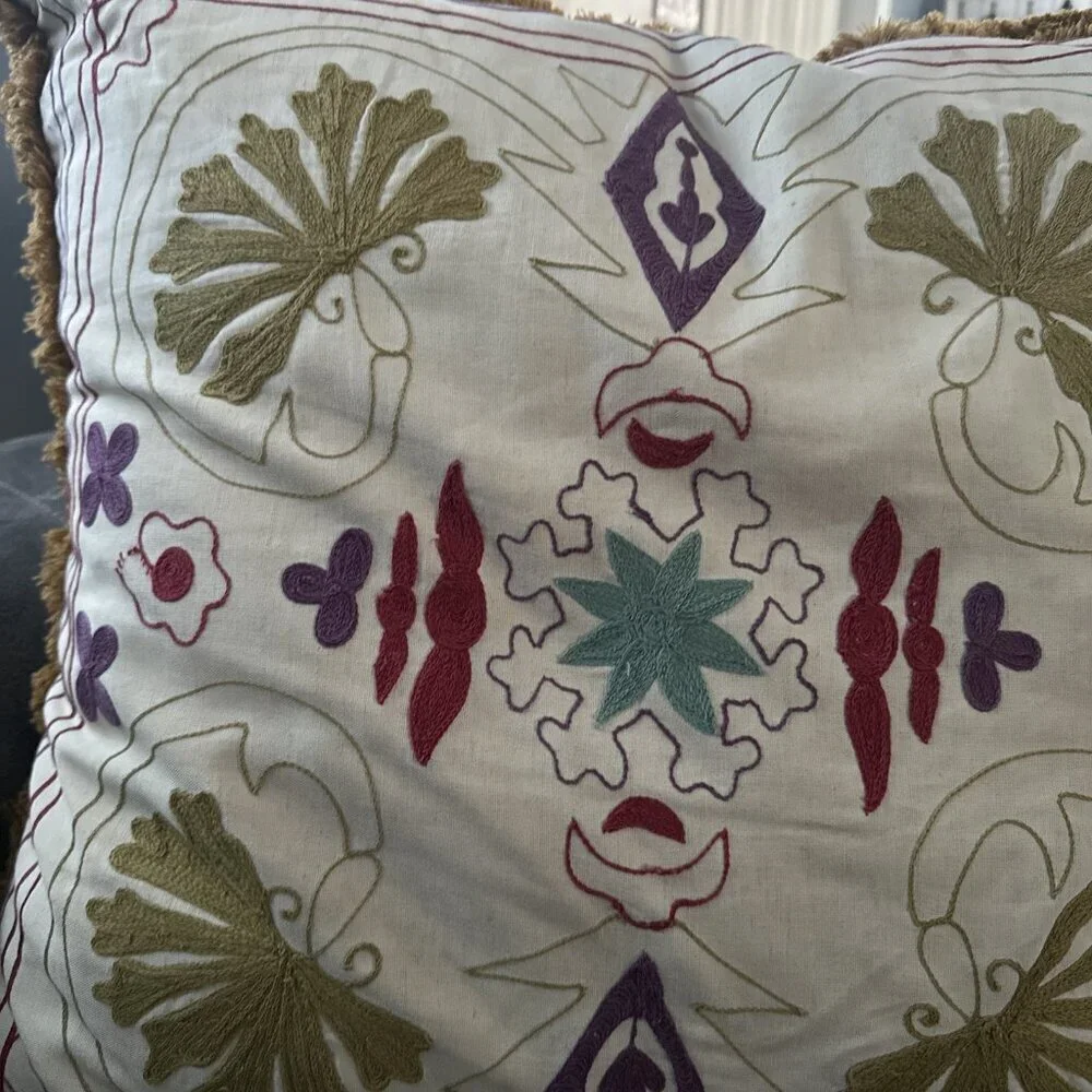Vintage Hand Crafter Feather Filled Embroidered Pillow 25”x25” Boho Cottagecore